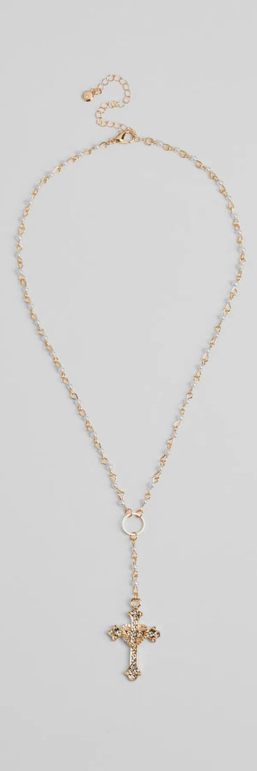 Pretty Sparkle Rhinestone Cross Pearl Lariat Necklace, a trendy gold addition to women's going-out outfits, is ideal for Christmas party outfits, chic NYE attire, or winter night-out looks that keep you on-trend!
