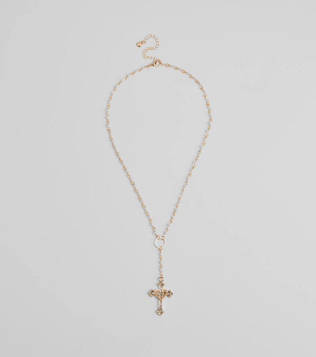 Pretty Sparkle Rhinestone Cross Pearl Lariat Necklace | Windsor