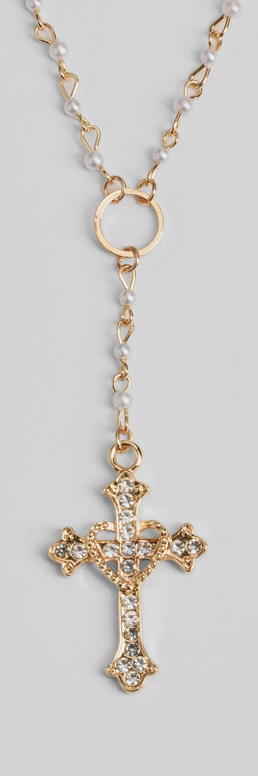 Pretty Sparkle Rhinestone Cross Pearl Lariat Necklace, a trendy gold addition to women's going-out outfits, is ideal for Christmas party outfits, chic NYE attire, or winter night-out looks that keep you on-trend!
