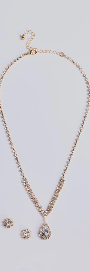 The My Moment Rhinestone Necklace And Earrings Set helps create a chic gold women's cocktail outfit with a trendy texture and stylish design, ideal for wedding guest cocktail outfits or dinner parties.