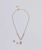The My Moment Rhinestone Necklace And Earrings Set helps create a chic gold women's cocktail outfit with a trendy texture and stylish design, ideal for wedding guest cocktail outfits or dinner parties.