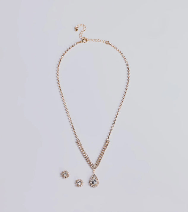 The My Moment Rhinestone Necklace And Earrings Set helps create a chic gold women's cocktail outfit with a trendy texture and stylish design, ideal for wedding guest cocktail outfits or dinner parties.