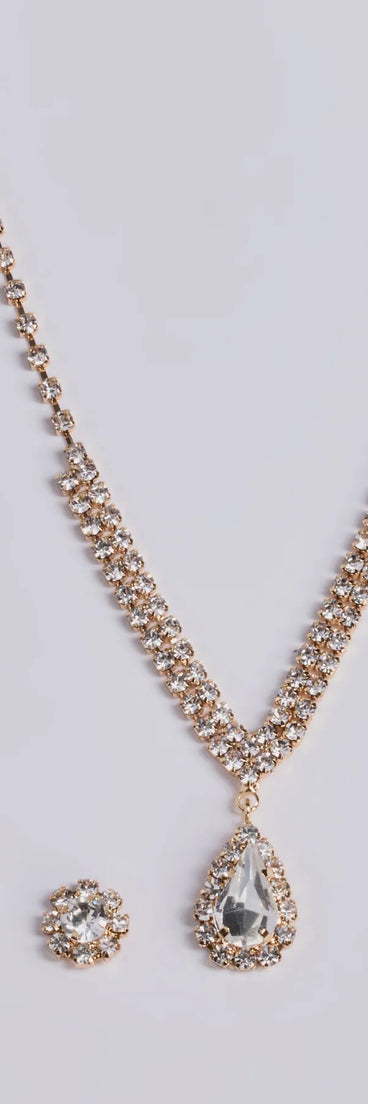 The My Moment Rhinestone Necklace And Earrings Set helps create a chic gold women's cocktail outfit with a trendy texture and stylish design, ideal for wedding guest cocktail outfits or dinner parties.