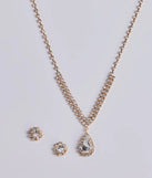 The My Moment Rhinestone Necklace And Earrings Set helps create a chic gold women's cocktail outfit with a trendy texture and stylish design, ideal for wedding guest cocktail outfits or dinner parties.