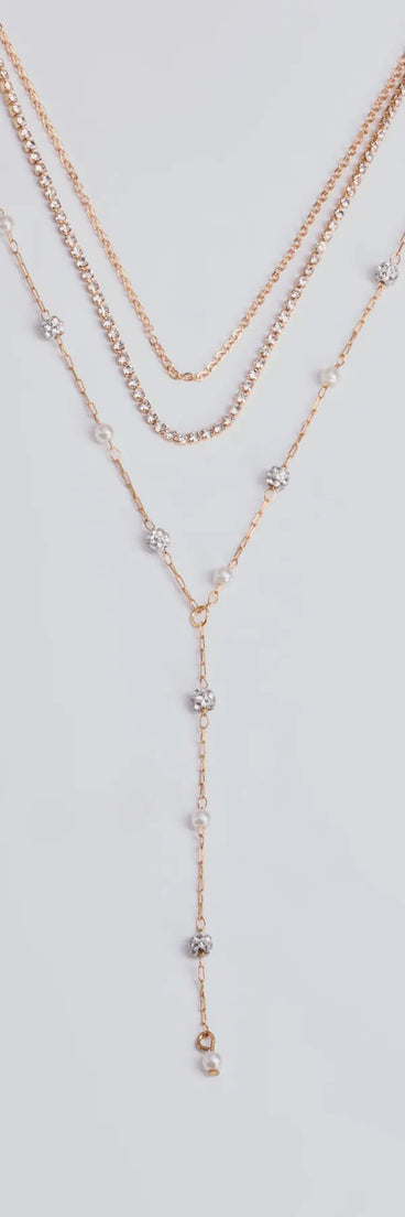 Glam Moment Rhinestone and Faux Pearl Lariat Necklace Set