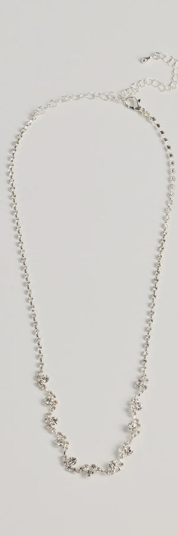 Get ready for any event with the Radiant Allure Rhinestone Cluster Necklace in silver, an essential start to creating a versatile outfit for women for parties, cocktail hours, or Valentine's Day events.
