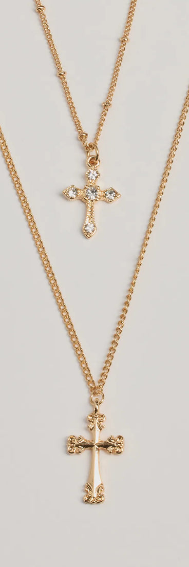 The Joyful Glam Layered Cross Charm Necklace in gold brings edge and energy to your vibe, ready to elevate any festival look or concert outfit.