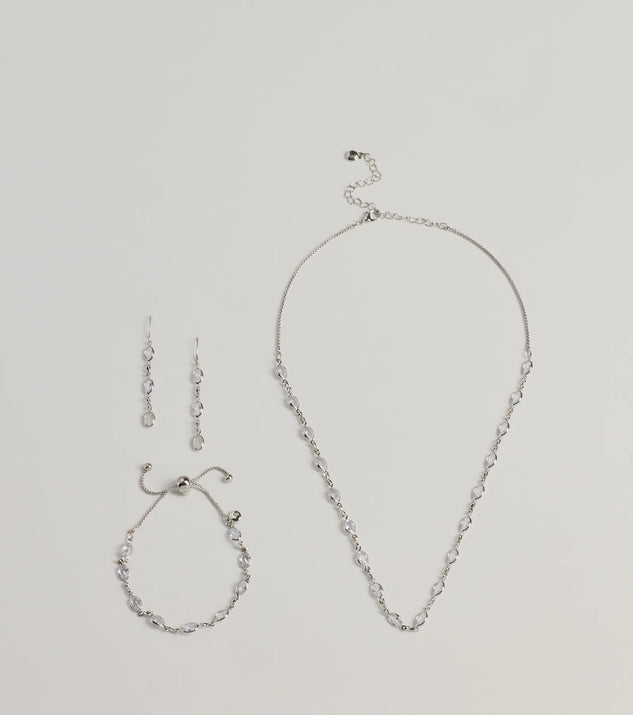 The Bloom In Sparkles Necklace, Earrings, And Bracelet Set helps create a chic silver women's cocktail outfit with a trendy texture and stylish design, ideal for wedding guest cocktail outfits or dinner parties