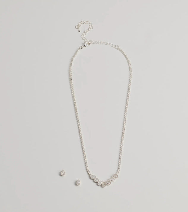 The Unforgettable Luxe Cubic Zirconia Necklace Set helps create a chic silver women's cocktail outfit with a trendy texture and stylish design, ideal for wedding guest cocktail outfits or dinner parties.