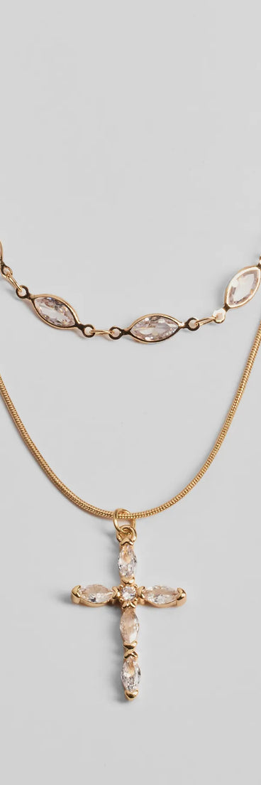 Graceful Shine Layered Cross Charm Rhinestone Necklace