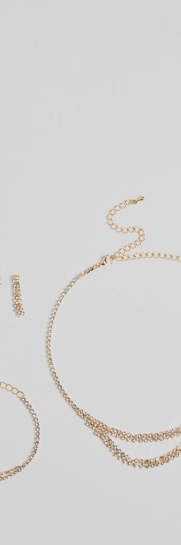 Shimmering Rhinestone Necklace, Bracelet, And Earrings Set
