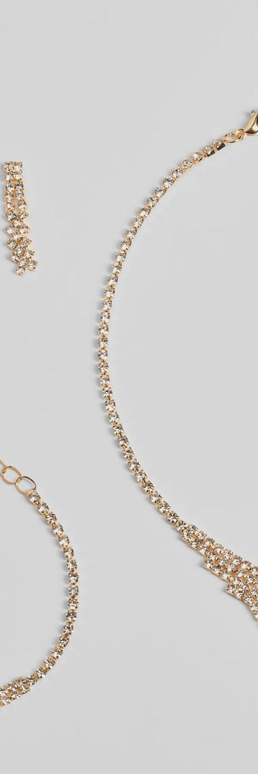 Shimmering Rhinestone Necklace, Bracelet, And Earrings Set