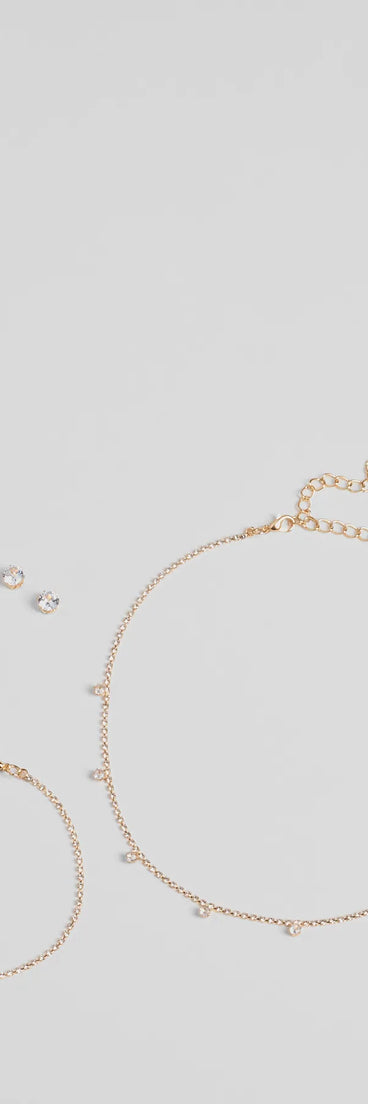 Delicate Glam Rhinestone Necklace, Bracelet, And Earrings Set
