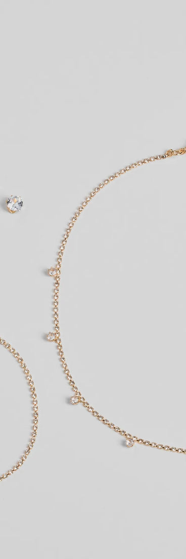 Delicate Glam Rhinestone Necklace, Bracelet, And Earrings Set