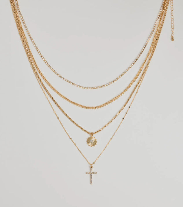 Sleek Bliss Layered Cross Charm Necklace, a trendy gold addition to women's going-out outfits, is ideal for Christmas party outfits, chic NYE attire, or winter night-out looks that keep you on-trend!