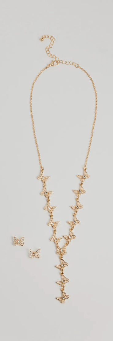 Glitzy Rhinestone Butterfly Necklace And Earrings Set