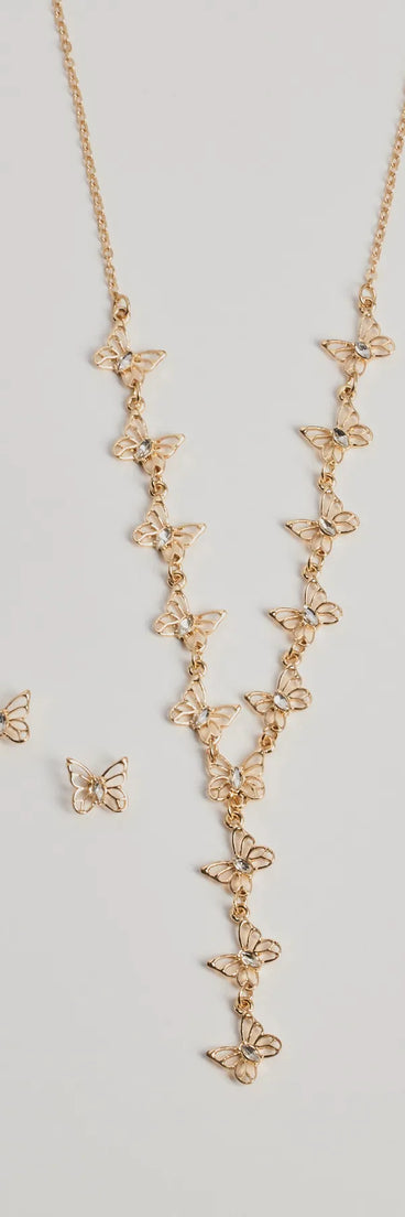 Glitzy Rhinestone Butterfly Necklace And Earrings Set