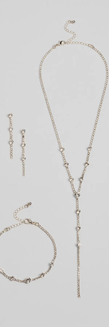 Glam Rhinestone Lariat Necklace, Bracelet, And Earrings Set