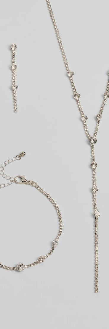 Glam Rhinestone Lariat Necklace, Bracelet, And Earrings Set