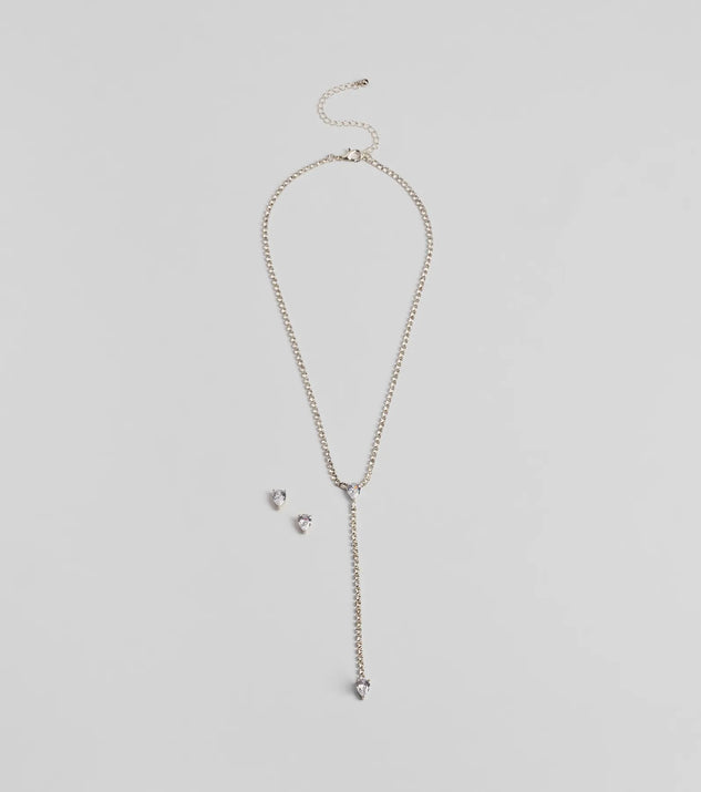 Simple Glitz Rhinestone Lariat Necklace And Stud Earrings Set