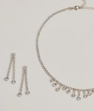 The Gorgeously Glam Rhinestone Necklace And Earrings Set helps create a chic silver women's cocktail outfit with a trendy texture and stylish design, ideal for wedding guest cocktail outfits or dinner parties.
