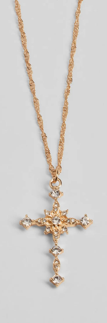 Dainty Glam Rhinestone Cross Pendant Necklace