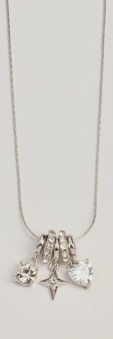 The Unique Charm Multiple Pendant Necklace helps create a chic silver women's cocktail outfit with a trendy texture and stylish design, ideal for wedding guest cocktail outfits or dinner parties.