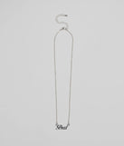 The Brat Script Dainty Chain Necklace in silver brings edge and energy to your vibe, ready to elevate any festival look or concert outfit.