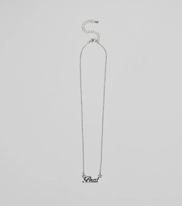 The Brat Script Dainty Chain Necklace in silver brings edge and energy to your vibe, ready to elevate any festival look or concert outfit.