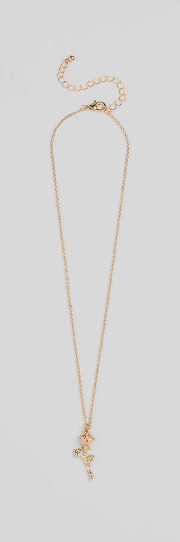 Whether you're dressing up for a romantic date or a Galentine's event, the Divine Enchantment Rose Charm Necklace in gold is the perfect accessory to elevate your Valentine's Day outfit.