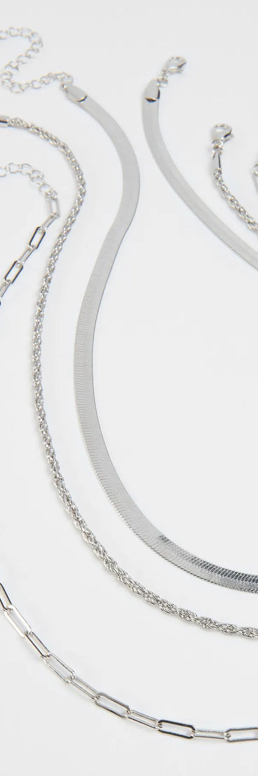 The Stacked Up In Style Layered Chain Necklace in silver brings edge and energy to your vibe, ready to elevate any festival look or concert outfit.