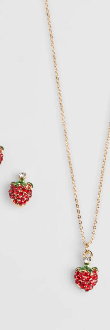 Stay on-trend this season with the In Season Strawberry Earrings And Necklace Set in gold, a must-have for creating stylish and effortless spring outfits for women.