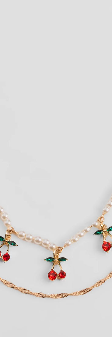 Stay on-trend this season with the Taste So Sweet Cherry And Faux Pearl Layered Necklace in gold, a must-have for creating stylish and effortless spring outfits for women.