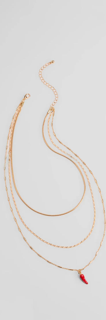 The Like This Spice Chili Charm Layered Necklace in gold brings edge and energy to your vibe, ready to elevate any festival look or concert outfit.