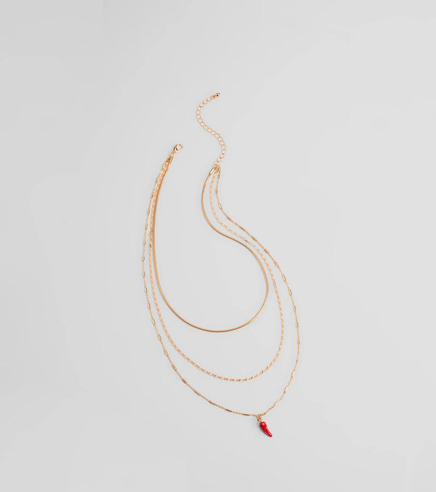 The Like This Spice Chili Charm Layered Necklace in gold brings edge and energy to your vibe, ready to elevate any festival look or concert outfit.