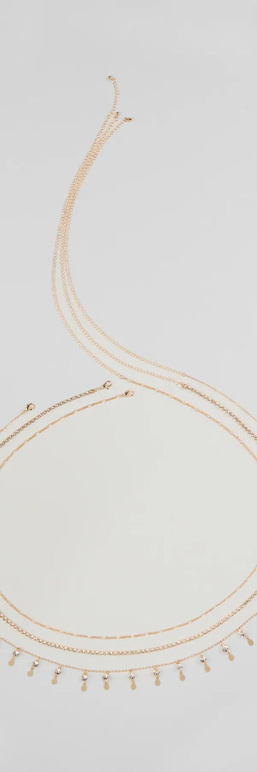 The Dainty Luxe Rhinestone Layered Belly Chain in gold brings edge and energy to your vibe, ready to elevate any festival look or concert outfit.