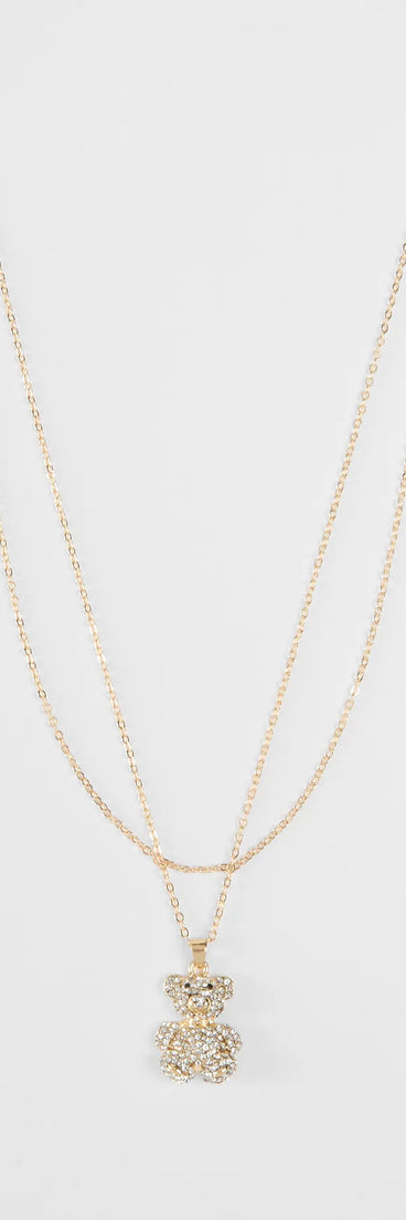 Style your vibe in seconds with the Rhinestone Teddy Bear Charm Necklace in gold, a fashion accessories essential that completes any outfit with ease.