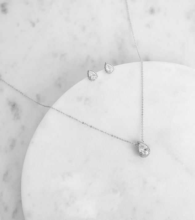 ໒꒱ Cubic Zirconia Teardrop Necklace And Studs | Windsor
