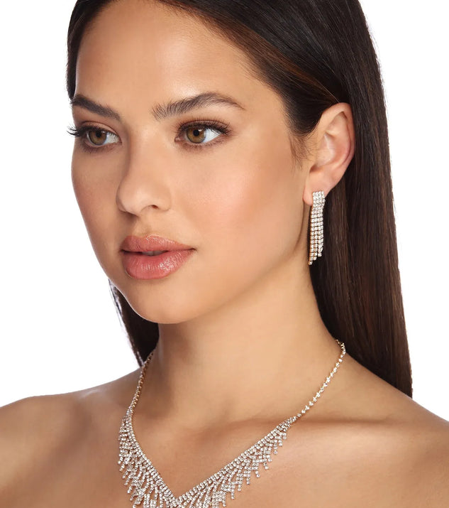 Rhinestone V Fringe Necklace & Earrings