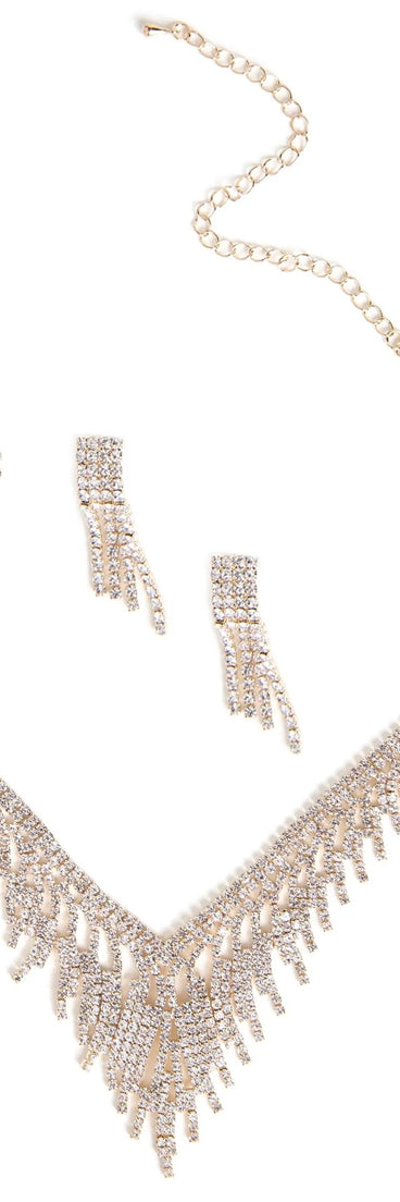 Rhinestone V Fringe Necklace & Earrings