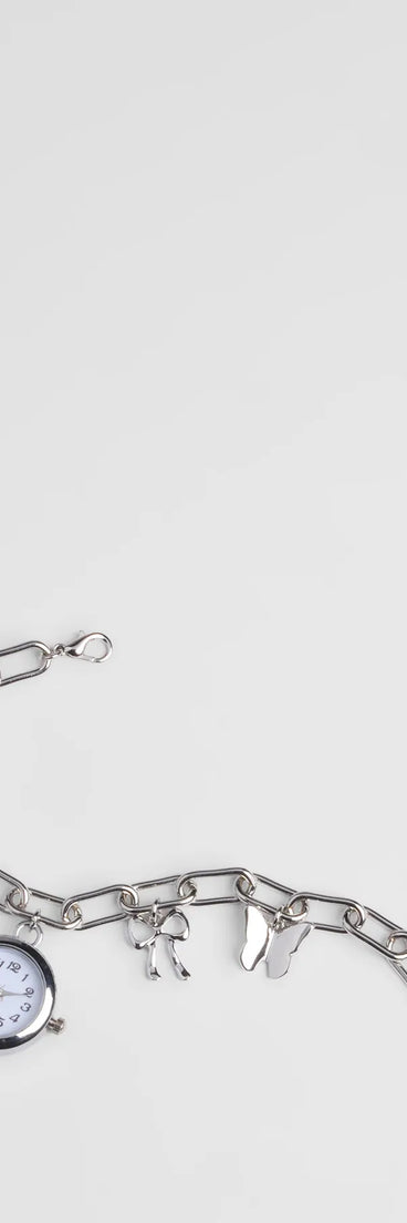Stay on-trend this season with the Time Flies Charm Watch Bracelet in silver, a must-have for creating stylish and effortless spring outfits for women.
