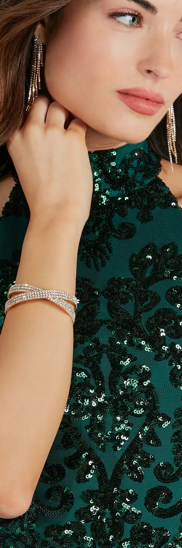 The Exquisite Shine Rhinestone Cuff Bracelet helps create a chic gold women's cocktail outfit with a trendy texture and stylish design, ideal for wedding guest cocktail outfits or dinner parties.