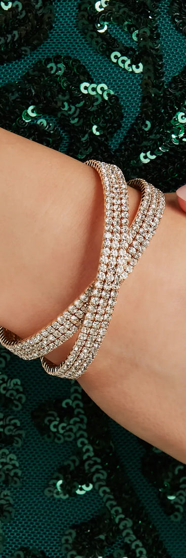 The Exquisite Shine Rhinestone Cuff Bracelet helps create a chic gold women's cocktail outfit with a trendy texture and stylish design, ideal for wedding guest cocktail outfits or dinner parties.