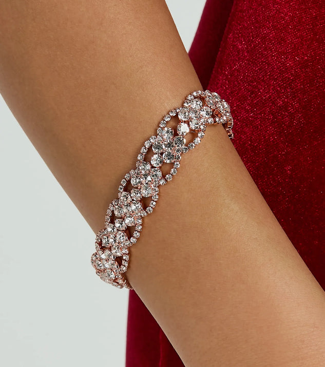 The Simply Dazzle Rhinestone Clasp Bracelet helps create a chic rose gold women's cocktail outfit with a trendy texture and stylish design, ideal for wedding guest cocktail outfits or dinner parties.