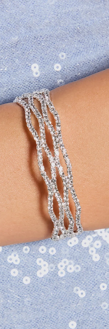 The Dazzling Shine Rhinestone Cuff Bracelet helps create a chic silver women's cocktail outfit with a trendy texture and stylish design, ideal for wedding guest cocktail outfits or dinner parties.