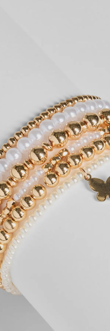 Butterfly Charm Faux Pearl Stretch Bracelet Set