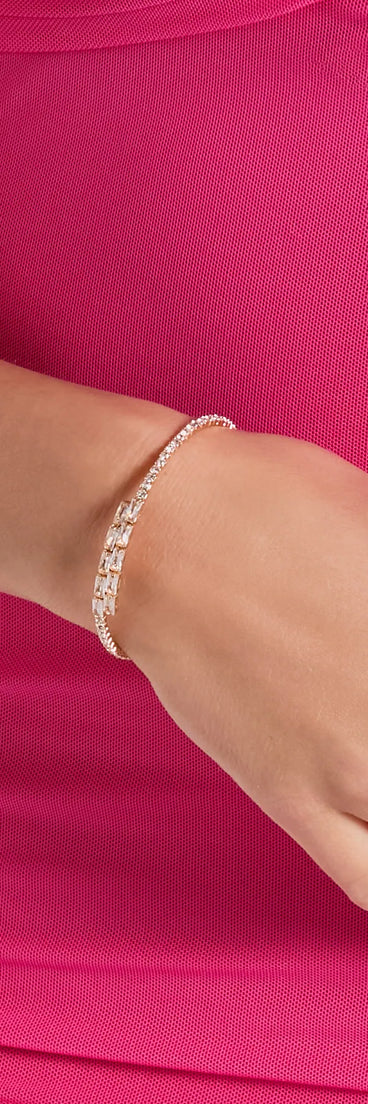 The Dearly Dainty Rhinestone Memory Wire Bracelet helps create a chic clear women's cocktail outfit with a trendy texture and stylish design, ideal for wedding guest cocktail outfits or dinner parties.