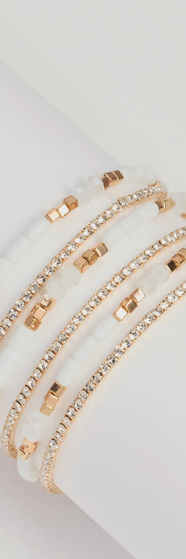 Glam Mood Beaded Multi-Bracelet Pack, a trendy white addition to women's going-out outfits, is ideal for Christmas party outfits, chic NYE attire, or winter night-out looks that keep you on-trend!