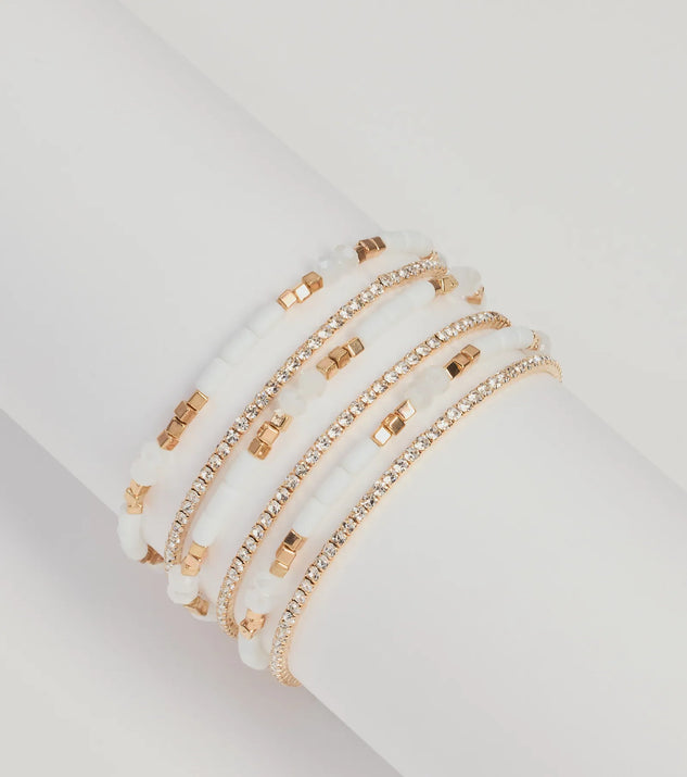 Glam Mood Beaded Multi-Bracelet Pack, a trendy white addition to women's going-out outfits, is ideal for Christmas party outfits, chic NYE attire, or winter night-out looks that keep you on-trend!