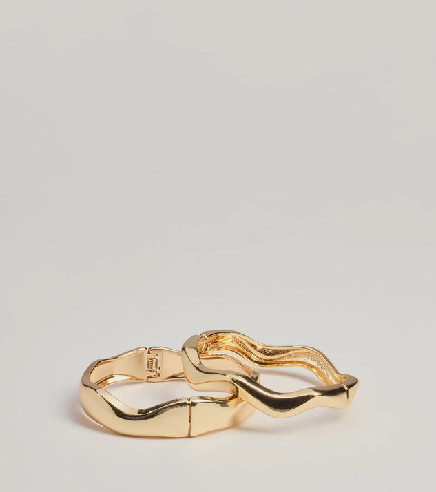 Glam In Motion Two-Pack Metal Hinge Bracelet, a trendy gold addition to women's going-out outfits, is ideal for Christmas party outfits, chic NYE attire, or winter night-out looks that keep you on-trend!